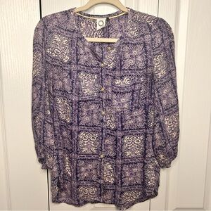 Akemi + Kin Blouse Womens XS Navy Purple Floral Button Up Anthropologie
